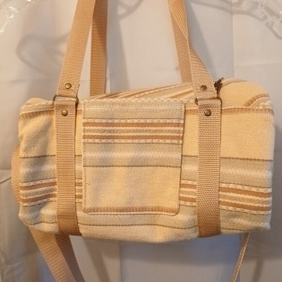 New Canvas Upholstery Mini Duffle Travel Bag Tan Sage embroidered Shoulder Cross - Picture 6 of 9